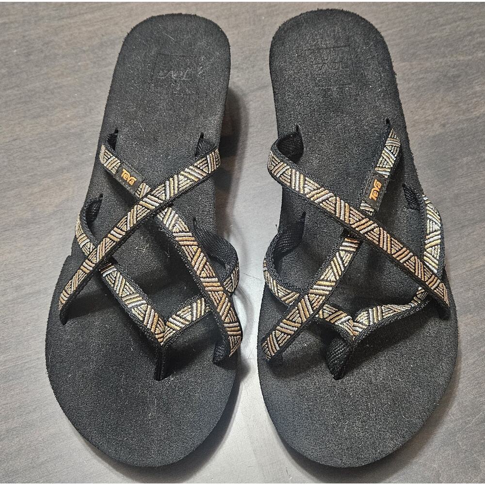 Women’s Teva Black/Gold Egyptian Style Strappy Wedge Sandals Size 9